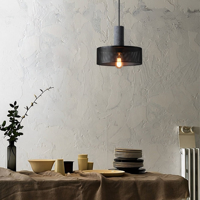 Industrial Vintage Pendant Light, Iron Mesh Cement Wood, Adjustable LED, Kitchen/Bar/Dining Room