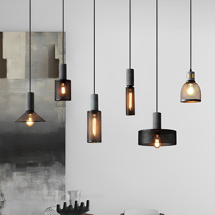 Industrial Vintage Pendant Light, Iron Mesh Cement Wood, Adjustable LED, Kitchen/Bar/Dining Room