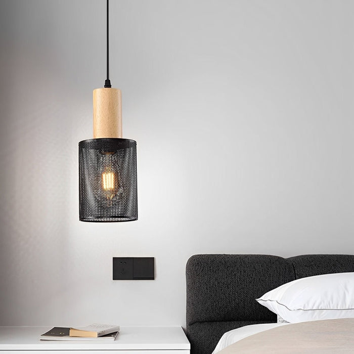 Industrial Vintage Pendant Light, Iron Mesh Cement Wood, Adjustable LED, Kitchen/Bar/Dining Room