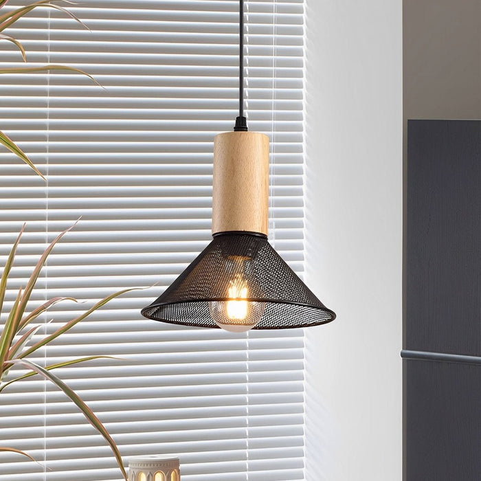 Industrial Vintage Pendant Light, Iron Mesh Cement Wood, Adjustable LED, Kitchen/Bar/Dining Room