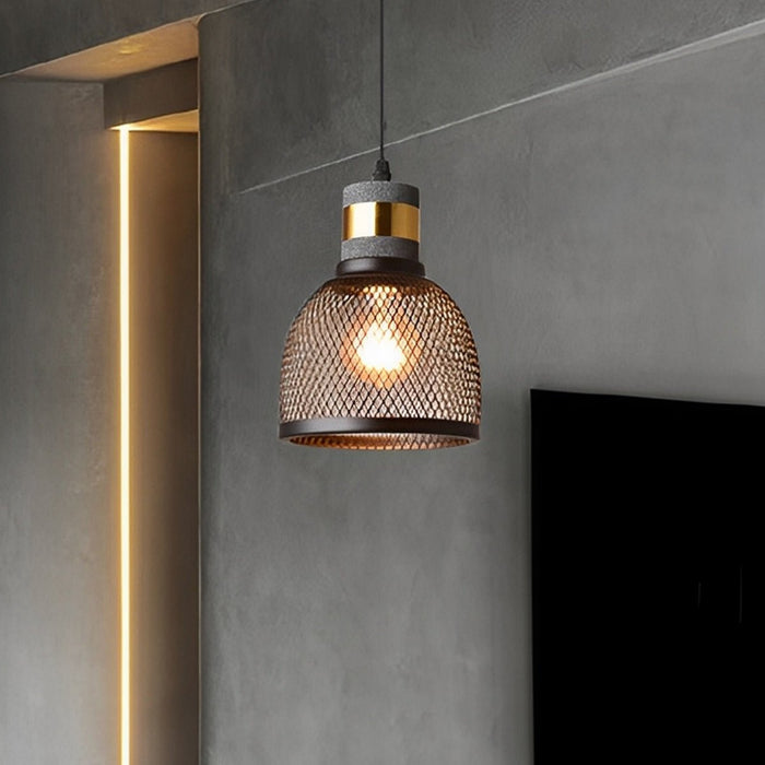 Industrial Vintage Pendant Light, Iron Mesh Cement Wood, Adjustable LED, Kitchen/Bar/Dining Room