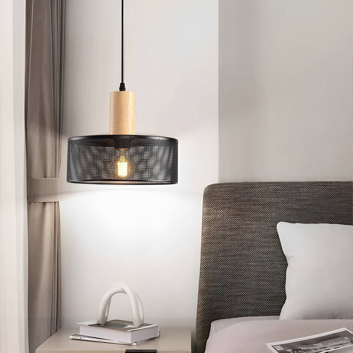 Industrial Vintage Pendant Light, Iron Mesh Cement Wood, Adjustable LED, Kitchen/Bar/Dining Room