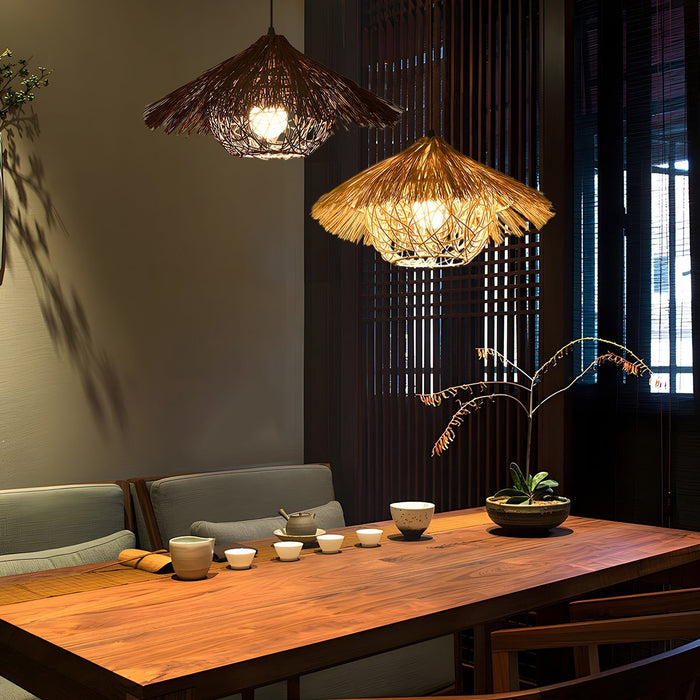Rattan Woven Bird's Nest Pendant Light, Adjustable LED Ceiling Lamp for Kitchen/Bedroom/Living Room