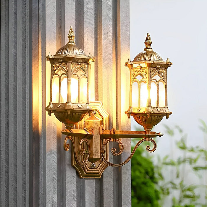 Vintage Rustic Outdoor LED Wall Sconce, Waterproof Porch/Patio/Yard Lighting, Double Head Castle Design Lantern, Die-cast Aluminum