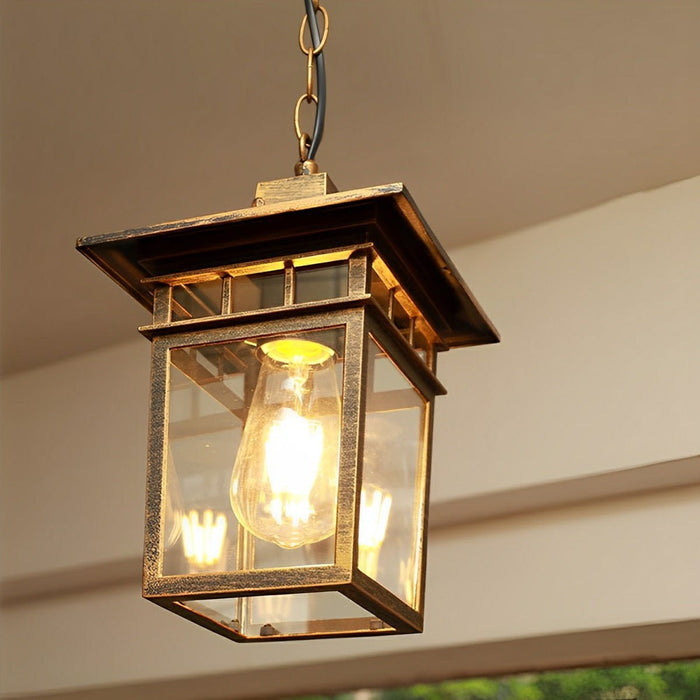 Outdoor LED Pendant Light, Vintage Rustic Square Lantern, Waterproof IP56, Garden/Patio/Yard, Adjustable Height