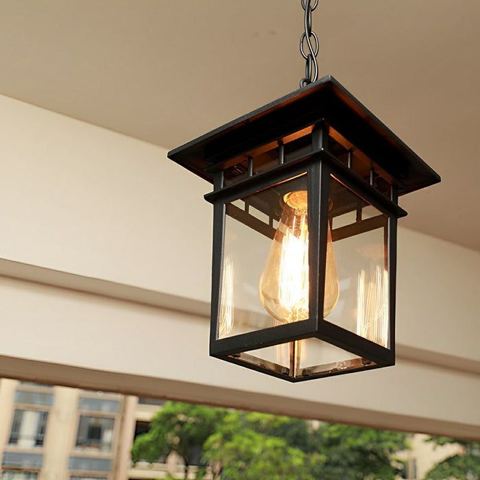 Outdoor LED Pendant Light, Vintage Rustic Square Lantern, Waterproof IP56, Garden/Patio/Yard, Adjustable Height