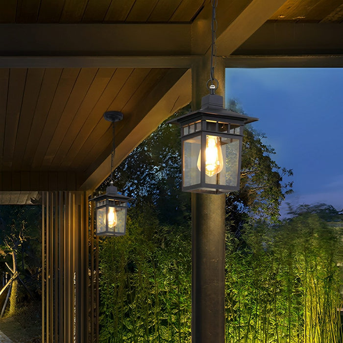 Outdoor LED Pendant Light, Vintage Rustic Square Lantern, Waterproof IP56, Garden/Patio/Yard, Adjustable Height