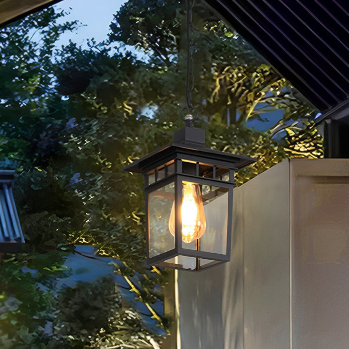 Outdoor LED Pendant Light, Vintage Rustic Square Lantern, Waterproof IP56, Garden/Patio/Yard, Adjustable Height