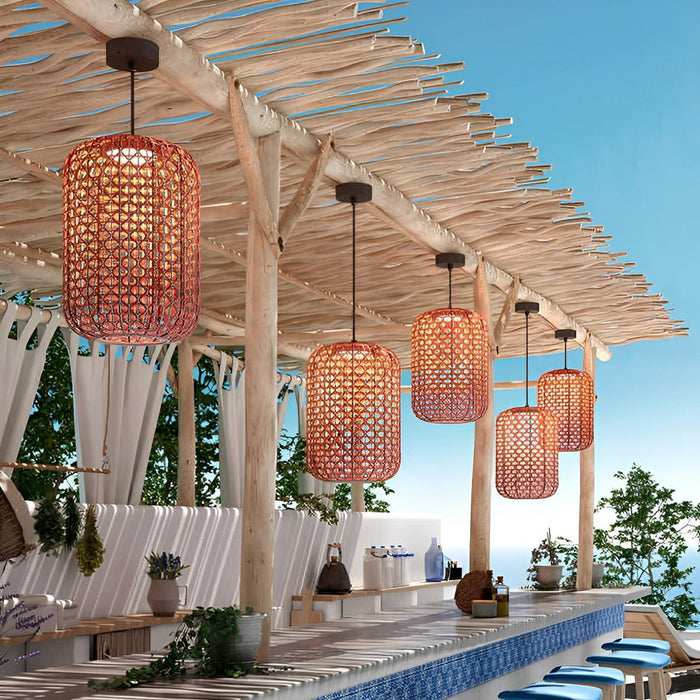 Vintage Rattan LED Outdoor Ceiling Lantern - Waterproof, Rustic Style, Patio Lighting