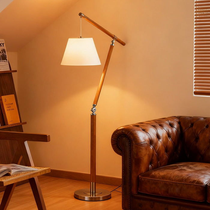 Floor Lamp - Vintage Wood Adjustable Swing Arm - Fabric Shade, Dimmable LED Reading Light