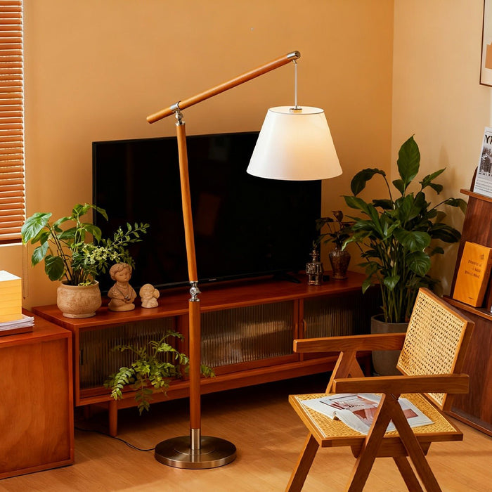 Floor Lamp - Vintage Wood Adjustable Swing Arm - Fabric Shade, Dimmable LED Reading Light