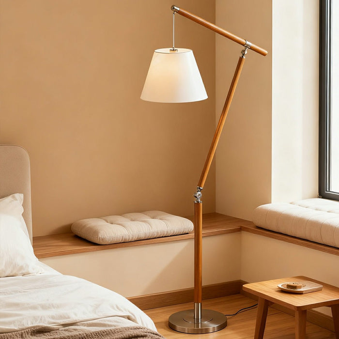 Floor Lamp - Vintage Wood Adjustable Swing Arm - Fabric Shade, Dimmable LED Reading Light