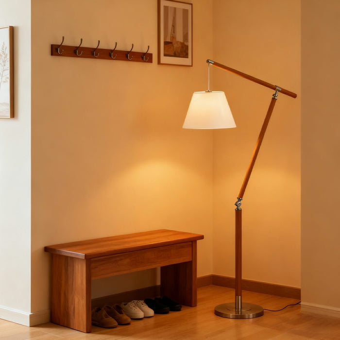 Floor Lamp - Vintage Wood Adjustable Swing Arm - Fabric Shade, Dimmable LED Reading Light