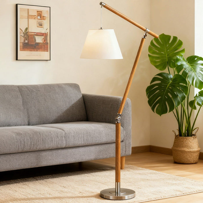 Floor Lamp - Vintage Wood Adjustable Swing Arm - Fabric Shade, Dimmable LED Reading Light
