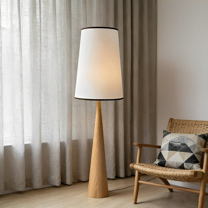 Vintage Wood Tapered Floor Lamp - Fabric Shade, Remote Control Dimming, Modern Retro Style