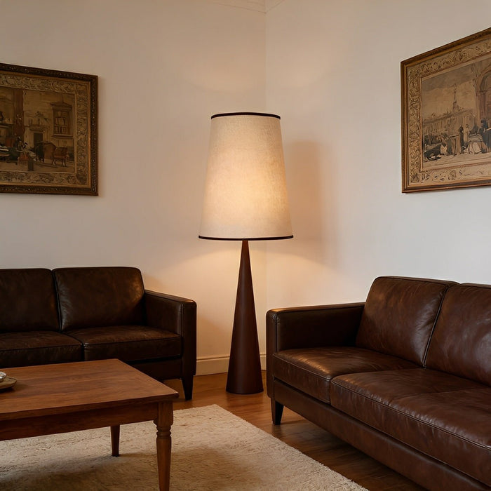 Vintage Wood Tapered Floor Lamp - Fabric Shade, Remote Control Dimming, Modern Retro Style