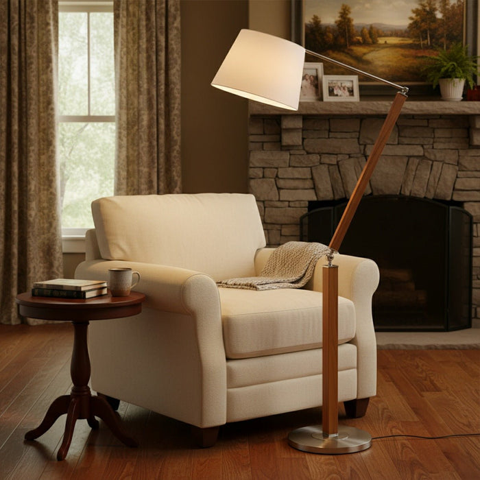 Floor Lamp - Vintage Wood Swing Arm - White Fabric Shade - Adjustable Reading Light