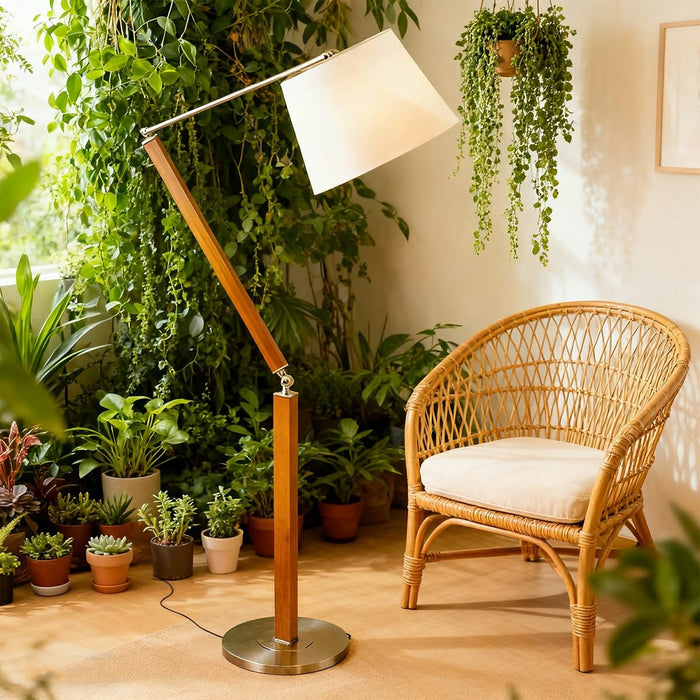 Floor Lamp - Vintage Wood Swing Arm - White Fabric Shade - Adjustable Reading Light