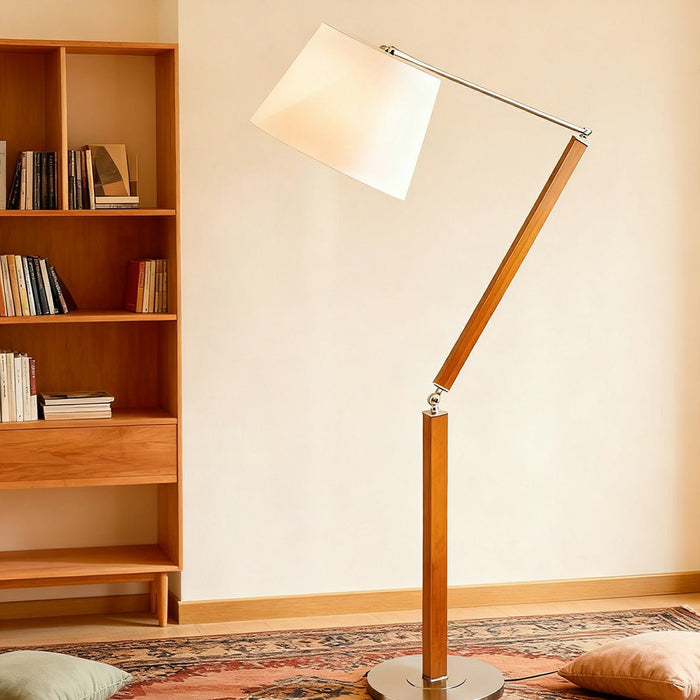 Floor Lamp - Vintage Wood Swing Arm - White Fabric Shade - Adjustable Reading Light