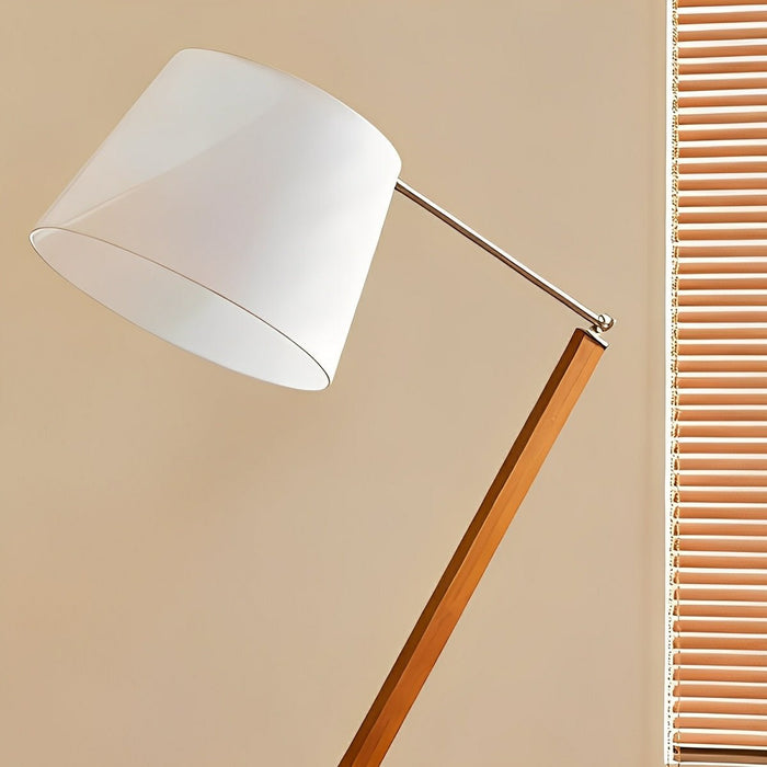 Floor Lamp - Vintage Wood Swing Arm - White Fabric Shade - Adjustable Reading Light