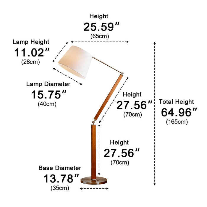 Floor Lamp - Vintage Wood Swing Arm - White Fabric Shade - Adjustable Reading Light