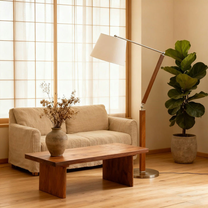 Floor Lamp - Vintage Wood Swing Arm - White Fabric Shade - Adjustable Reading Light