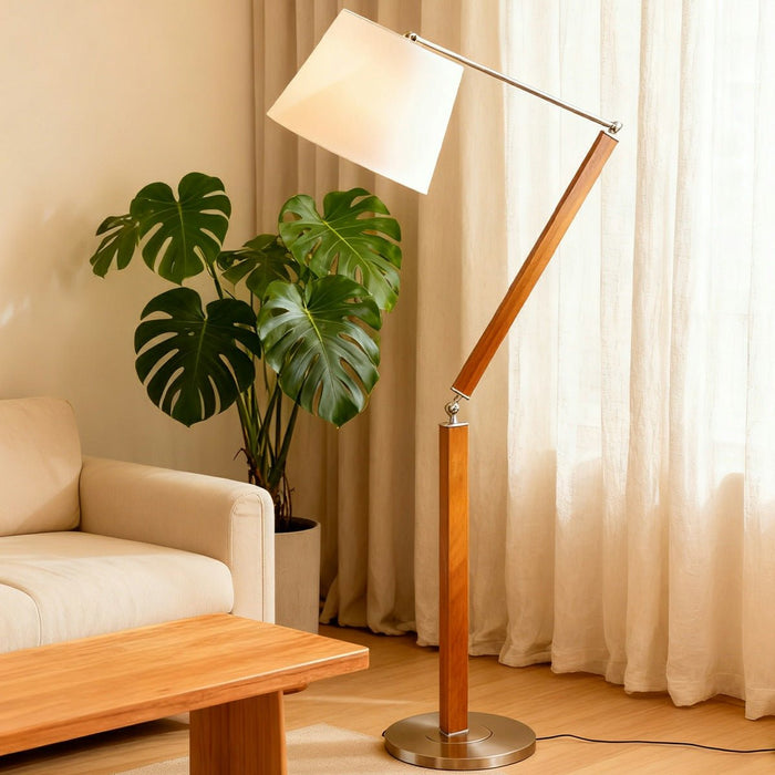 Floor Lamp - Vintage Wood Swing Arm - White Fabric Shade - Adjustable Reading Light