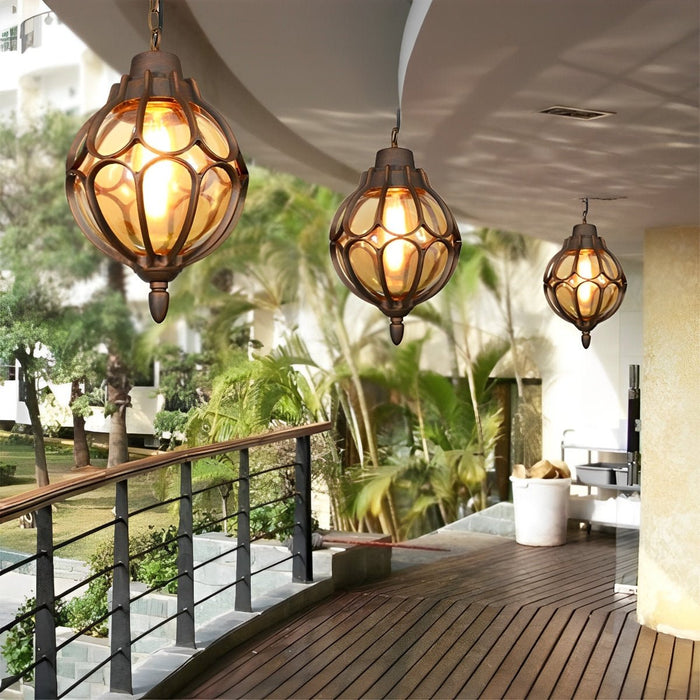Retro Glass Ball Outdoor Pendant Light, Waterproof IP54 Aluminum, Garden/Patio/Corridor Hanging Chandelier