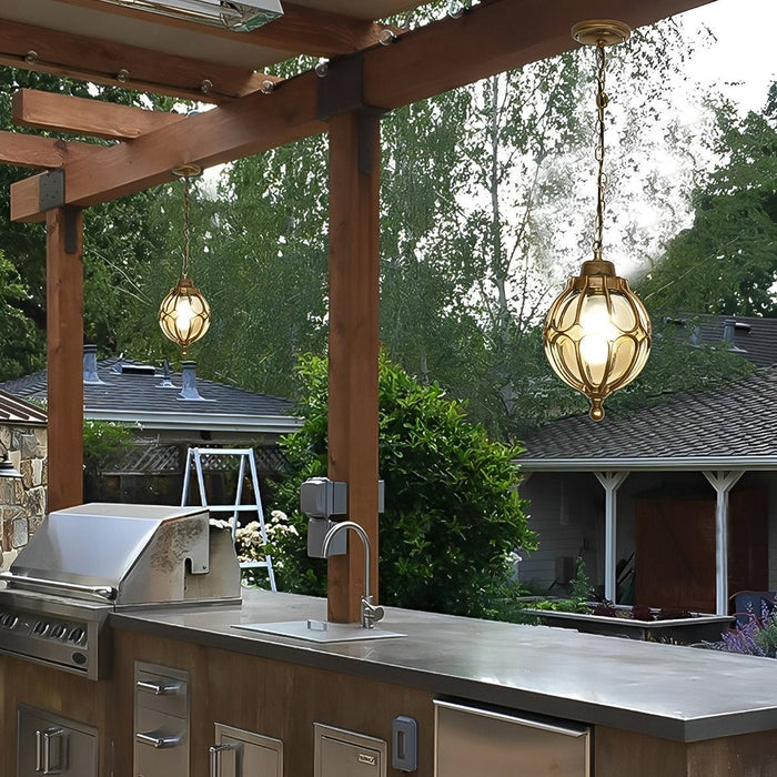 Retro Glass Ball Outdoor Pendant Light, Waterproof IP54 Aluminum, Garden/Patio/Corridor Hanging Chandelier