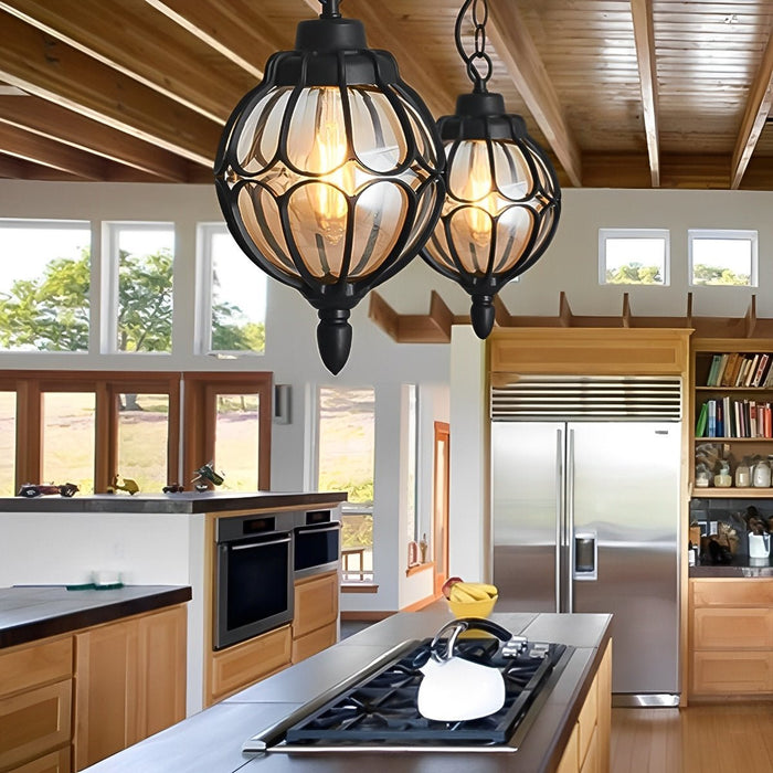 Retro Glass Ball Outdoor Pendant Light, Waterproof IP54 Aluminum, Garden/Patio/Corridor Hanging Chandelier
