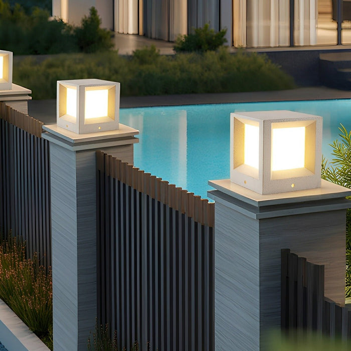 Waterproof Cubed Cement LED Outdoor Post Light - Modern Bollard Fixture for Garden, Patio, Deck, Pathway Illumination