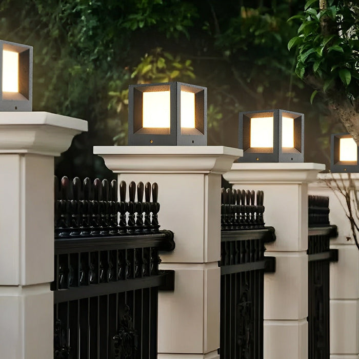 Waterproof Cubed Cement LED Outdoor Post Light - Modern Bollard Fixture for Garden, Patio, Deck, Pathway Illumination