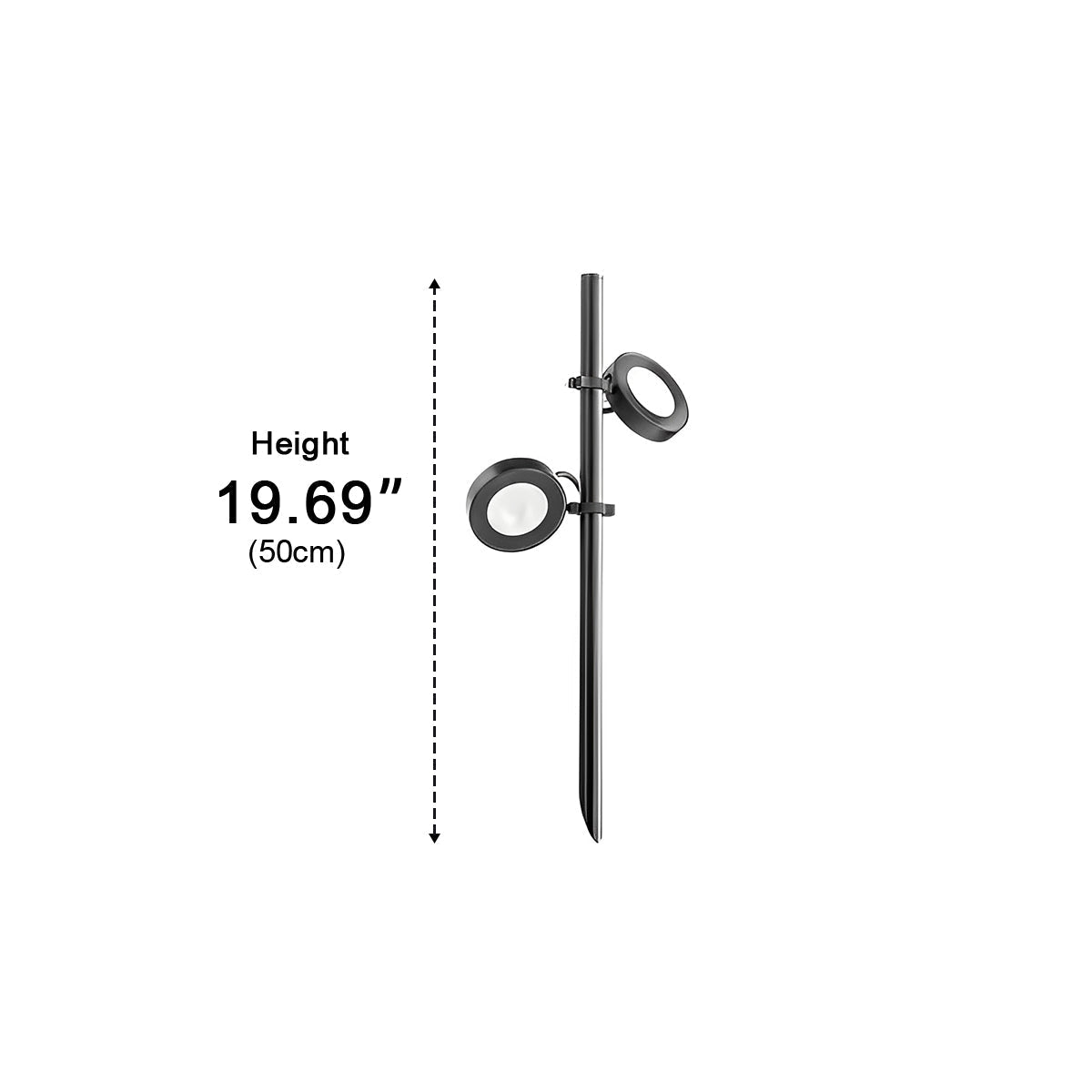 Dimension diagram: two round spot heads on a black ground spike pole, height 50 cm/19.69 in.