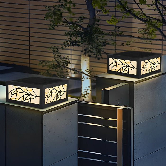Solar LED Post Light, Waterproof Modern Square Leaf Pattern for Deck/Fence/Garden/Yard Security