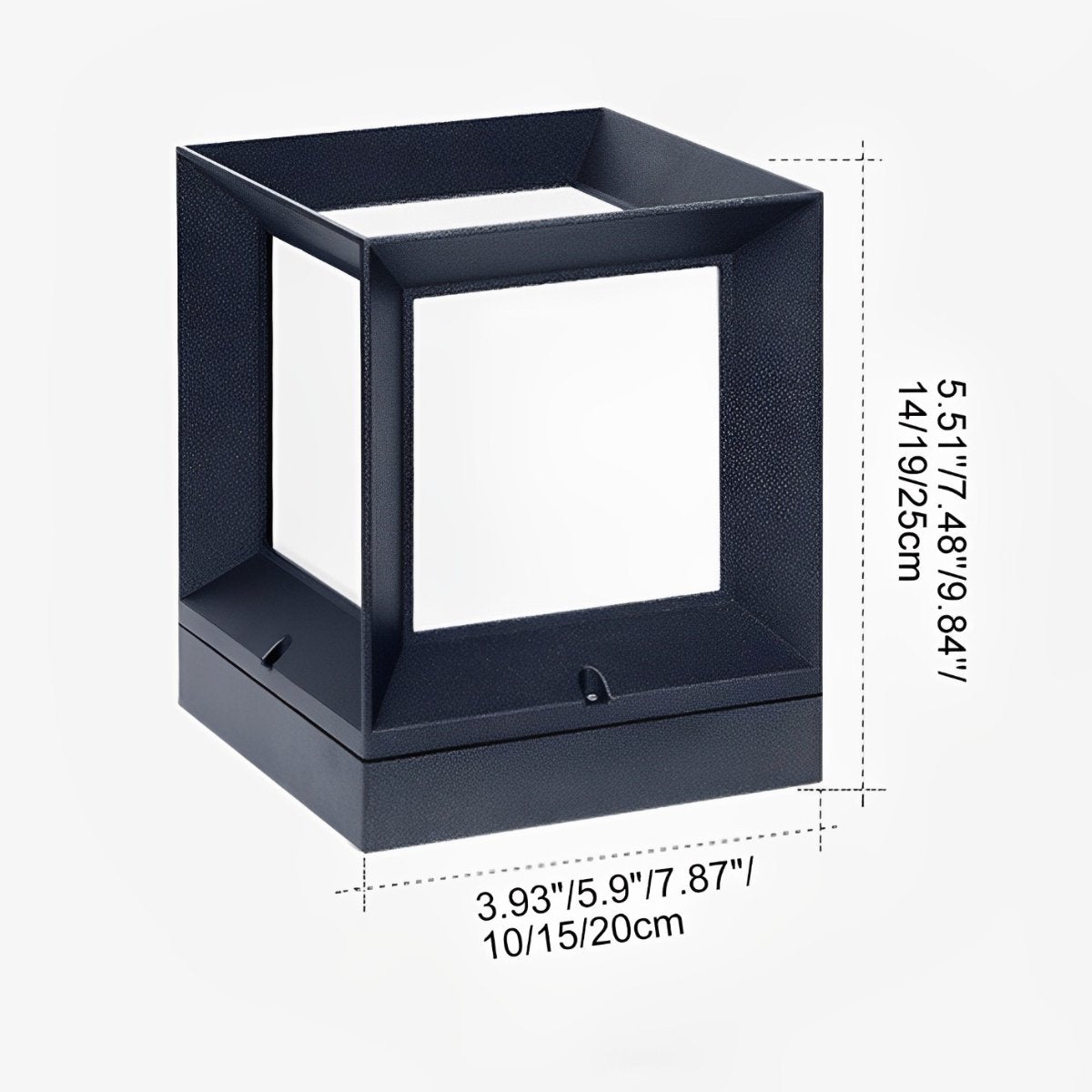 Dimension diagram: square open-frame post light in three sizes, heights 14/19/25 cm, widths 10/15/20 cm