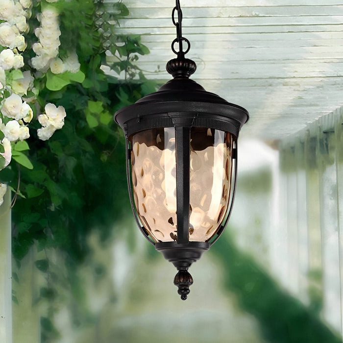 Outdoor Pendant Light - Black Metal Hanging Lantern, Retro Vintage Waterglass Shade, Waterproof
