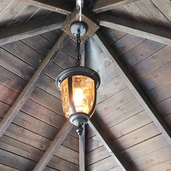 Outdoor Pendant Light - Black Metal Hanging Lantern, Retro Vintage Waterglass Shade, Waterproof