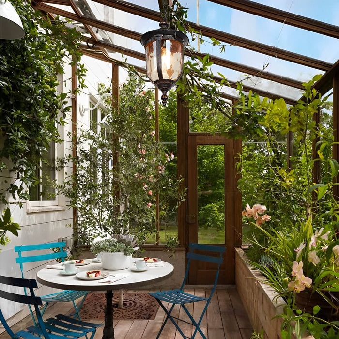 Outdoor Pendant Light - Black Metal Hanging Lantern, Retro Vintage Waterglass Shade, Waterproof
