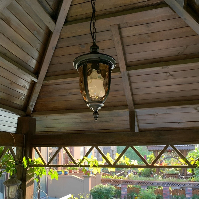Outdoor Pendant Light - Black Metal Hanging Lantern, Retro Vintage Waterglass Shade, Waterproof