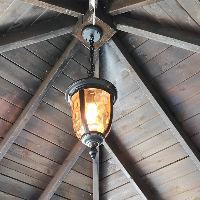 Outdoor Pendant Light - Black Metal Hanging Lantern, Retro Vintage Waterglass Shade, Waterproof