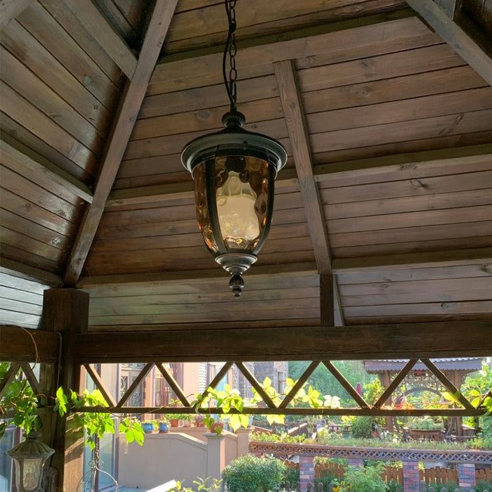 Outdoor Pendant Light - Black Metal Hanging Lantern, Retro Vintage Waterglass Shade, Waterproof