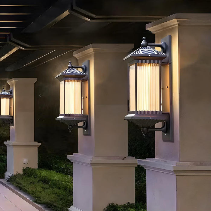 Solar Retro Striped Glass Wall Sconce, IP55 Waterproof, Dusk to Dawn LED Light for Patio/Porch/Yard/Entryway