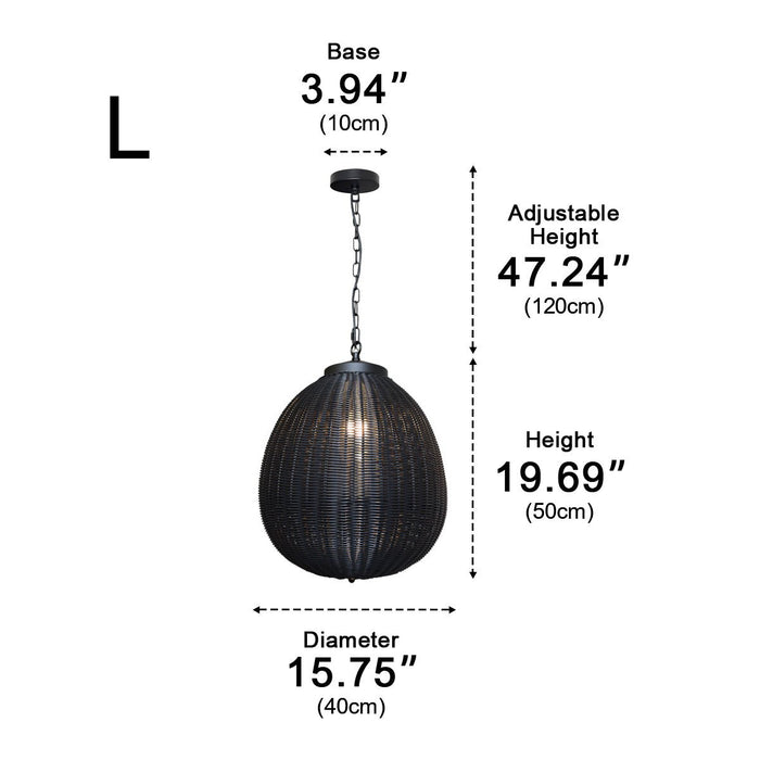 Weatherproof Rattan Outdoor Pendant, Retro Black Lantern for Patio/Porch/Yard, Adjustable Hanging