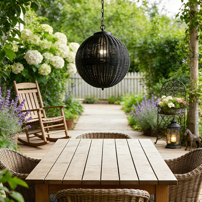 Weatherproof Rattan Outdoor Pendant, Retro Black Lantern for Patio/Porch/Yard, Adjustable Hanging