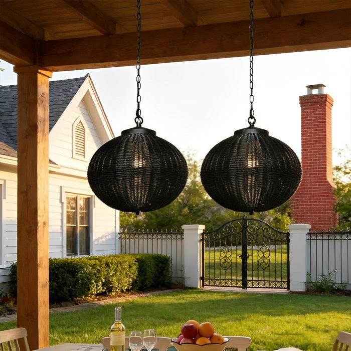 Weatherproof Rattan Outdoor Pendant, Retro Black Lantern for Patio/Porch/Yard, Adjustable Hanging