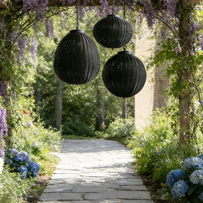 Weatherproof Rattan Outdoor Pendant, Retro Black Lantern for Patio/Porch/Yard, Adjustable Hanging