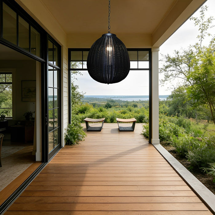 Weatherproof Rattan Outdoor Pendant, Retro Black Lantern for Patio/Porch/Yard, Adjustable Hanging