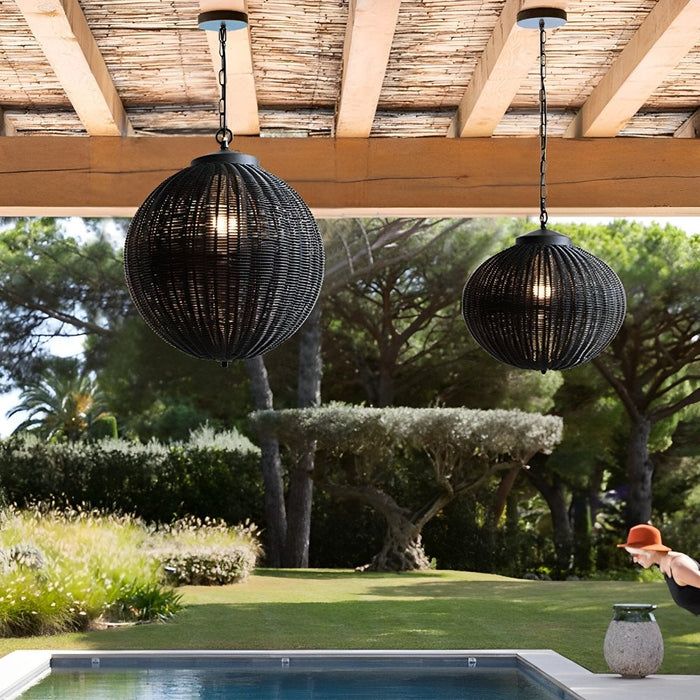 Weatherproof Rattan Outdoor Pendant, Retro Black Lantern for Patio/Porch/Yard, Adjustable Hanging