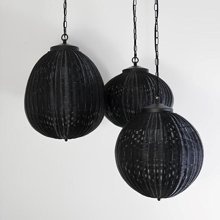 Weatherproof Rattan Outdoor Pendant, Retro Black Lantern for Patio/Porch/Yard, Adjustable Hanging