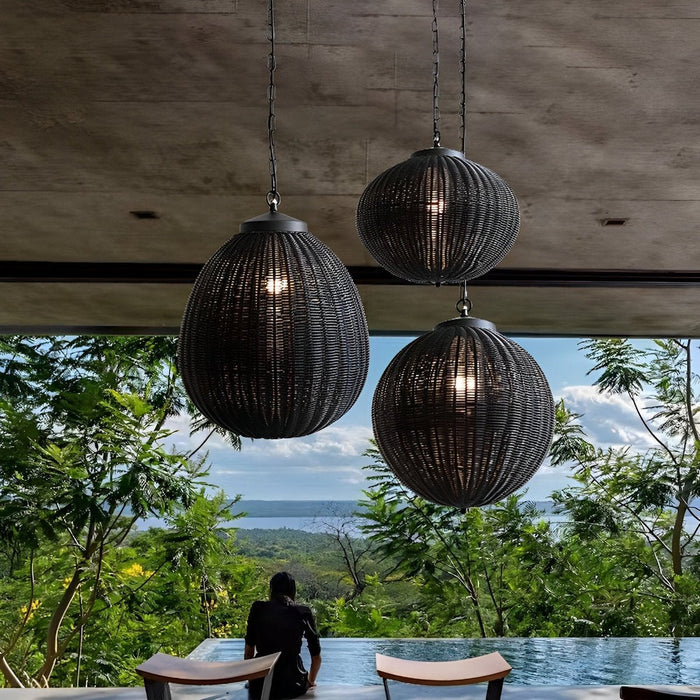 Weatherproof Rattan Outdoor Pendant, Retro Black Lantern for Patio/Porch/Yard, Adjustable Hanging